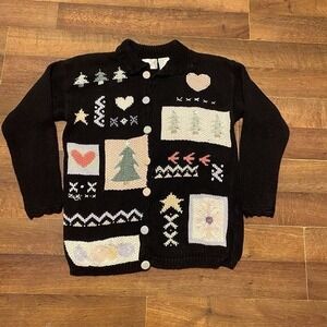 KATHIE LEE Cardigan M HOLIDAY GIFTS CHRISTMAS Cable Knit Sweater Black